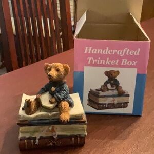 Teddy Bear on Stack of Books Figurine trinket box
